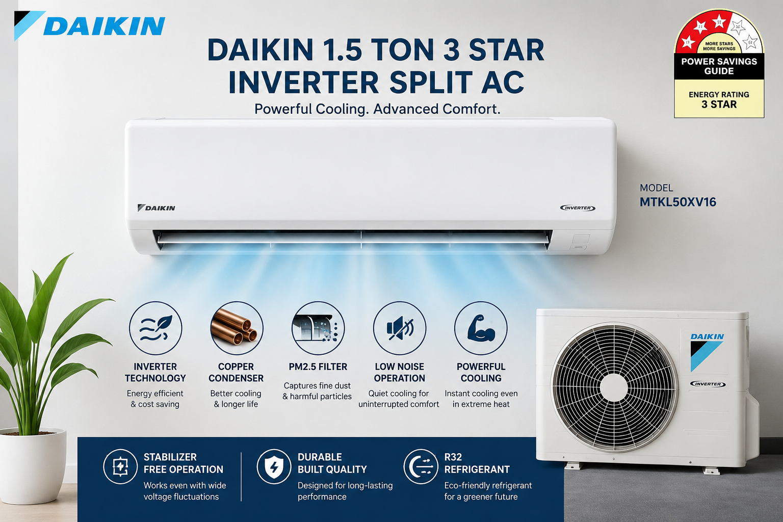 Daikin 1.5 Ton 3 Star Inverter Split AC Review – Copper Condenser, PM2.5 Filter, Energy Efficient Air Conditioner MTKL50XV16 (White)